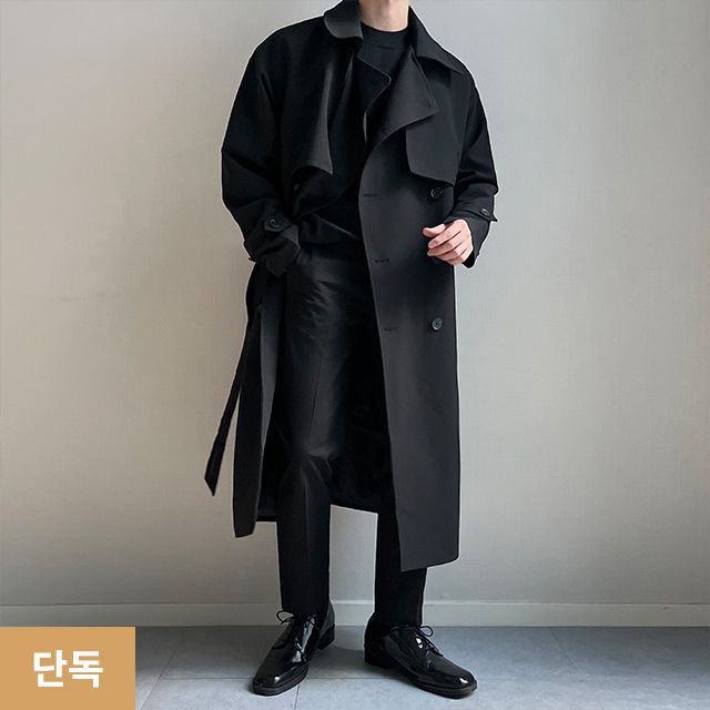 [단독/당일발송] 남자 오버핏트렌치 검정 롱 트렌치코트 로브코트