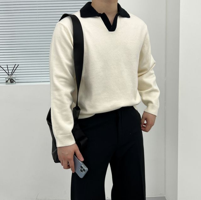 오버핏 배색 오픈 카라 니트 부드러운 루즈 긴팔티셔츠 4Color