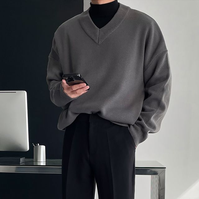 오버핏 헤비 두툼 메종 브이넥 니트 5562