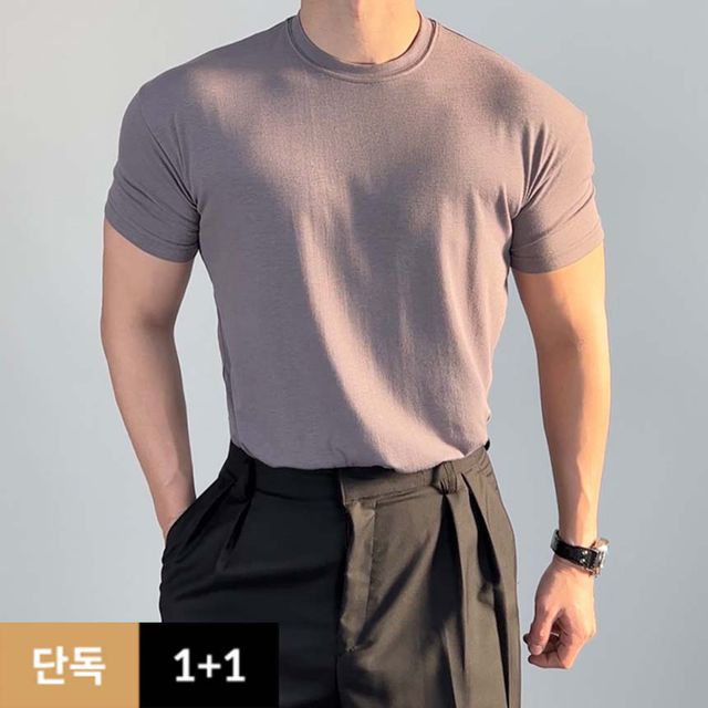 [1+1][당일발송] 머슬핏 반팔 분또 티셔츠 어깨넓어보이는 반팔티 무지 헬스 기능성 머슬 머슬티