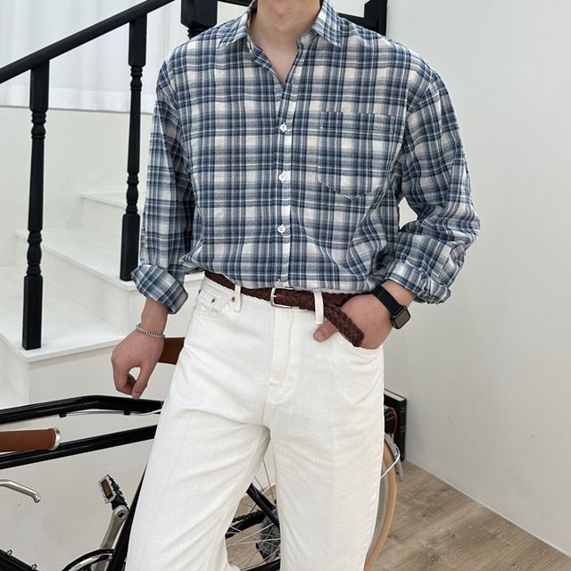 남자 오버핏 더블체크 봄 여름 린넨 베이직 긴팔 셔츠 남방 캐주얼룩 댄디룩