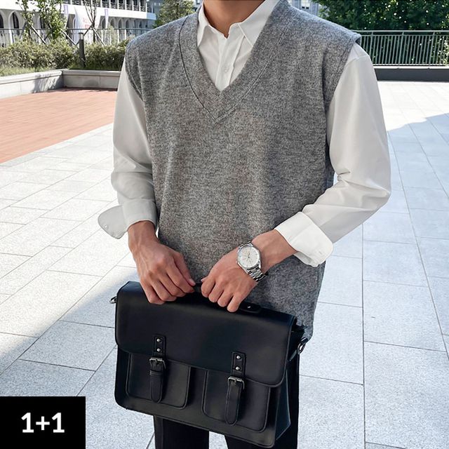 [1+1] 오버핏 옆트임 V넥 빅사이즈 골지 니트 조끼 5486