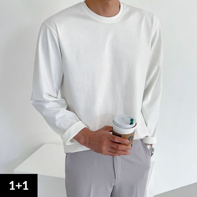 [1+1] 15칼라 어깨넓고 비침없는 오버핏 코디만능 특양면 두툼한 레이어드 긴팔티 흰티 면티 5358