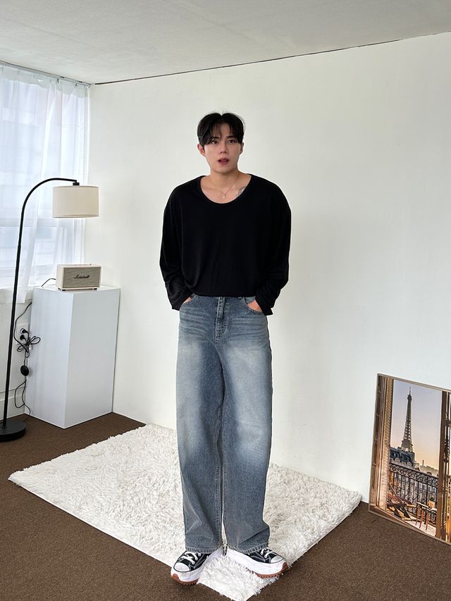 U넥 오버핏 긴팔티 만능 남친룩 데일리룩 데이트룩 이너 머슬핏
