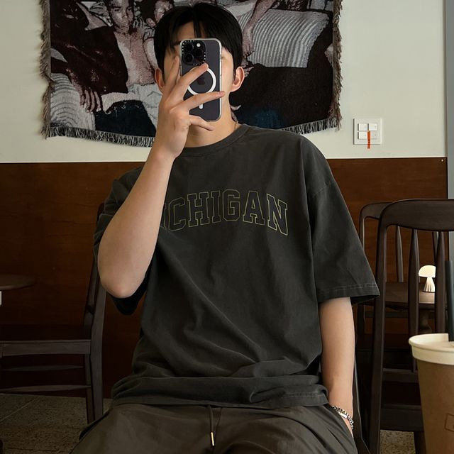 오버핏 미시간 피그먼트 워싱 반팔 티셔츠