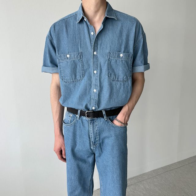 [SET] 썸머 마린 오버핏 데님 포켓 반팔셔츠 데님팬츠 (3color)