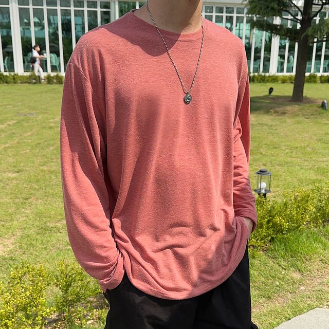 구김없는 아이스 링클프리 오버핏 무지 긴팔 티셔츠 슬라브 긴팔티 린넨 시스루 롱 슬리브 니트 얇은 스판 쿨링 린넨니트 시스루니트