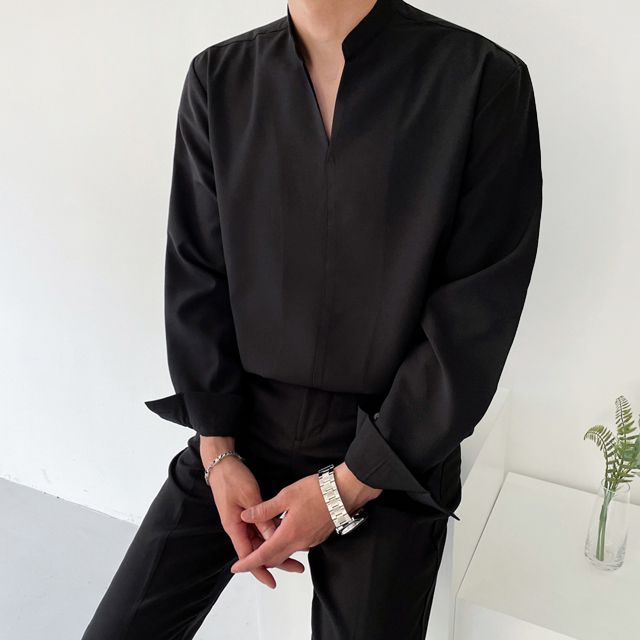 [1+1할인] 루즈핏 봄 여름 가을 링클프리 반오픈 차이나 오픈 카라 헨리넥 셔츠 남방