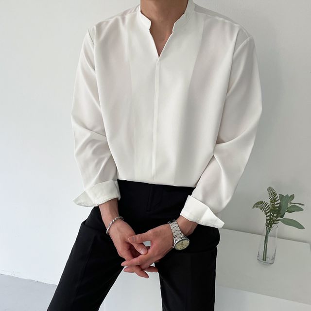 [1+1할인] 오버 봄 여름 가을 링클프리 반오픈 차이나 오픈 카라 헨리넥 셔츠 남방