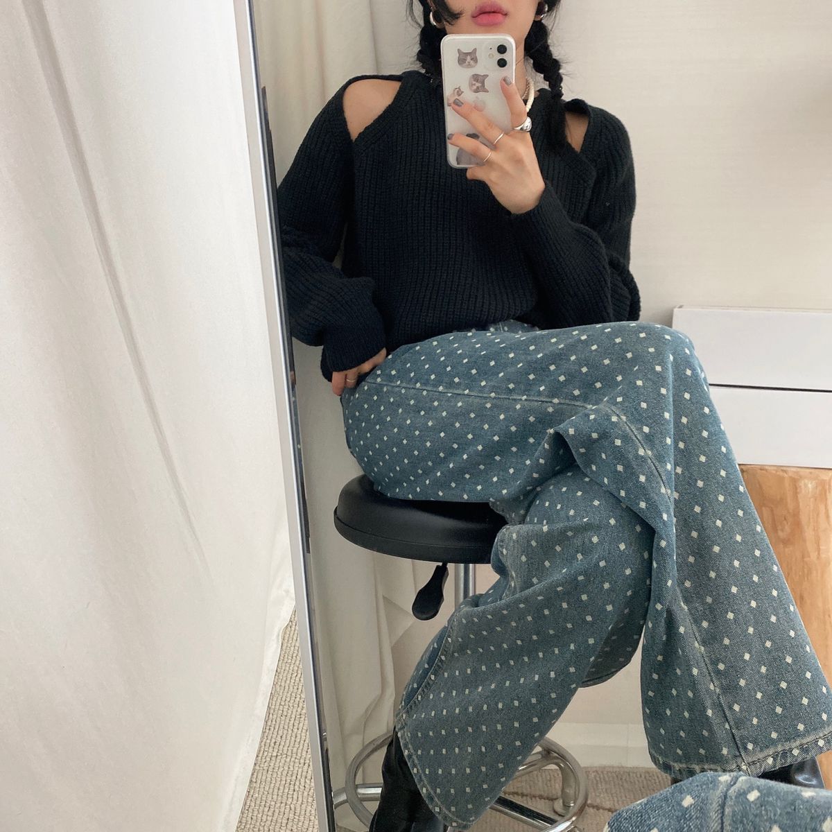 ドット/水玉柄ロングデニムパンツ | ファッション通販サイト NUGU