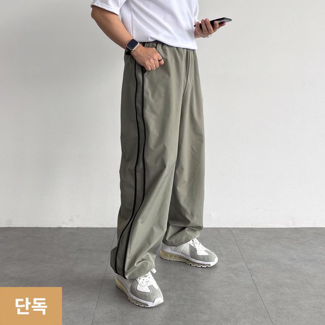 [단독특가] 와이드 밴딩 트레이닝 조거 스트링 팬츠 회색 트랙 라인 나일론 배색 런닝 바지