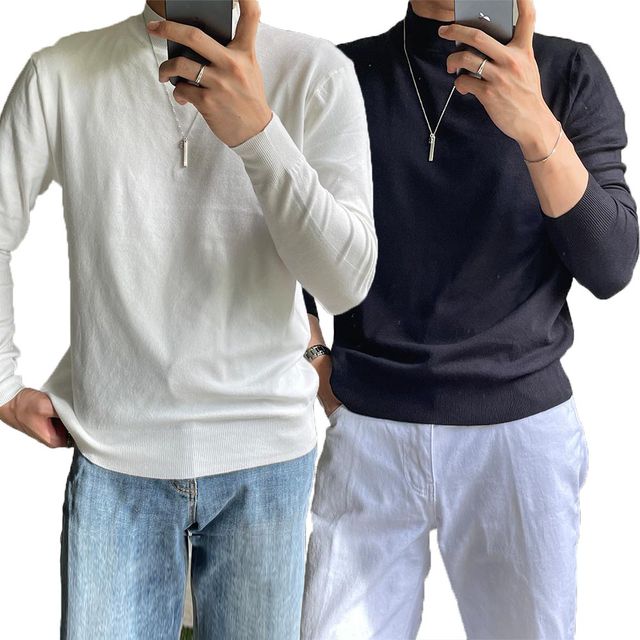 남자 캐시반목 극세사 부드러운 반목니트 스판 머슬핏 소프트 무지 반폴라티셔츠 13컬러