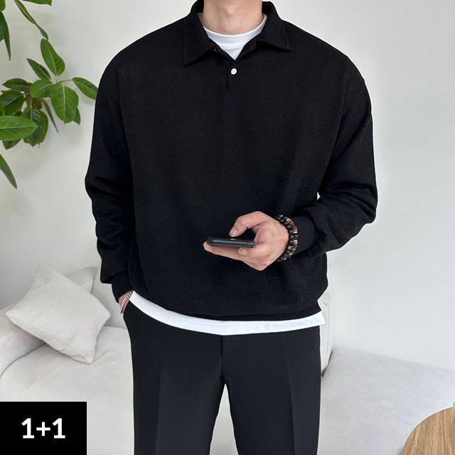 [1+1할인/강력추천]남자 M부터2XL어깨넓어보이는 11컬러 투버튼 카라니트 맨투맨 티 티셔츠 봄 가을 맨투맨