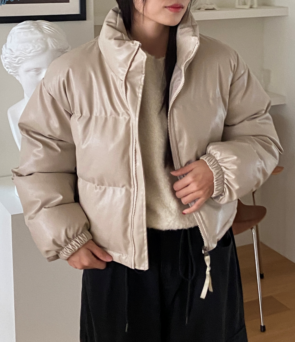 ■韓国■ ショートダウン ストリング クロップ丈 ハイネック 3色 ハイネックレザークロップドショートダウンジャケット3color