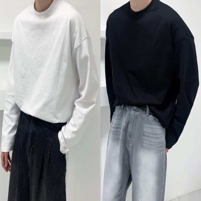 10수 오버핏 트임 긴팔 레이어드티 (2color) 두꺼운 흰색 면티 레이어드티 목안늘어나는티 어깨넓어보이는옷 무지티 긴팔티 레이어드