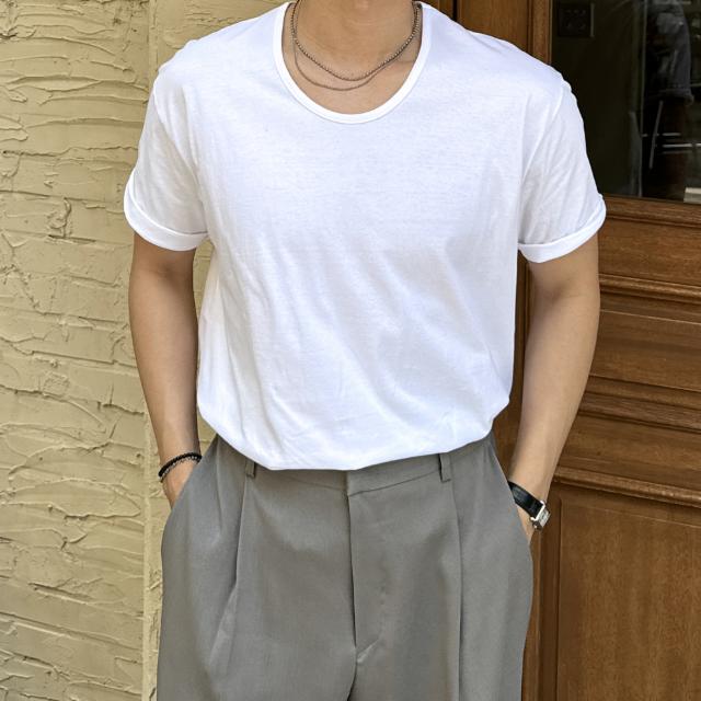 남자 절개 20수 코튼 유넥 세미오버핏 반팔티 4size