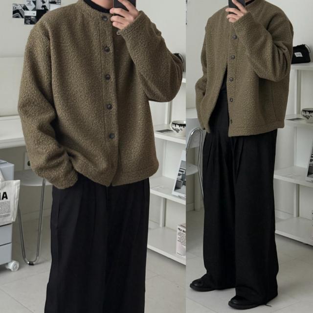 부드러운 헨리넥 램헤어 부클양털 가디건 크롭 세미오버핏 남친룩 데이트룩 점퍼