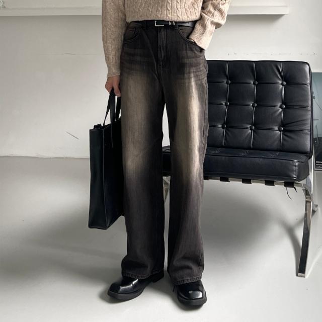 브라운 브러쉬 워싱 와이드 데님팬츠 1color 청바지 워싱진 밑위긴바지