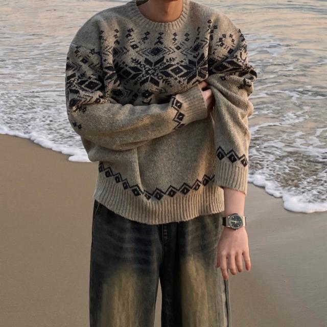 [1+1할인]오버핏 눈꽃 노르딕 니트 스웨터 두툼 하찌 3colors 두꺼운