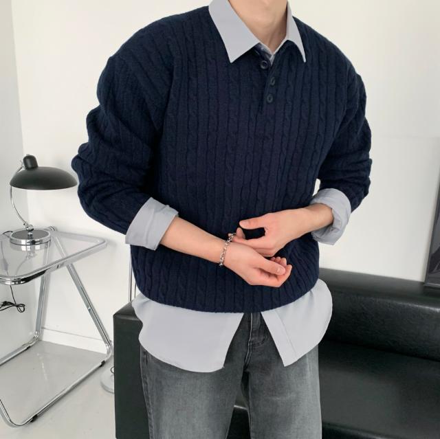 캐시 꽈배기 헨리넥 오버핏 니트 (5color) 봄 간절기 오버핏니트 반집업니트 헨리넥니트 꽈배기니트 버튼 케이블