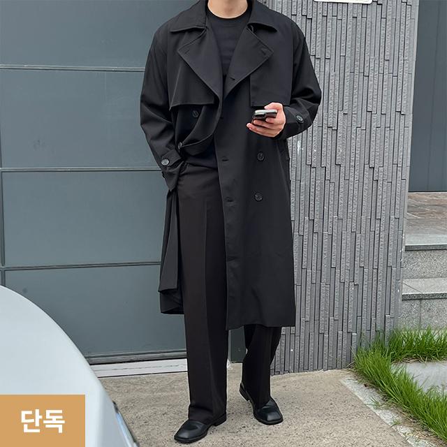 [단독] [당일발송] 남자 오버핏트렌치 검정 롱 미니멀 트렌치코트 로브코트