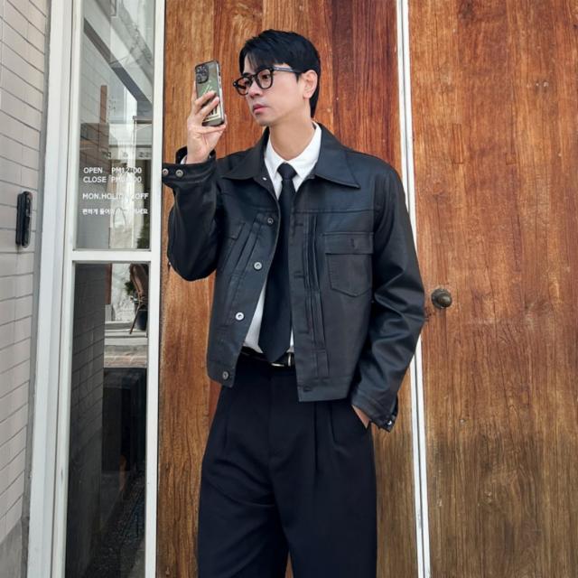 남자가죽자켓 크롭 하객룩 남친룩 남성 싱글 라이더 숏 트러커 자켓