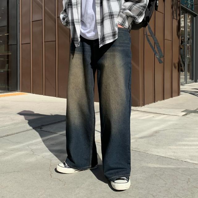 빈티지 샌드워싱 와이드 데님팬츠 (2color) 흑청 진청 바지 청바지 세미와이드 벌룬 벌룬팬츠 청바지 와이드팬츠 남친룩 데일리룩