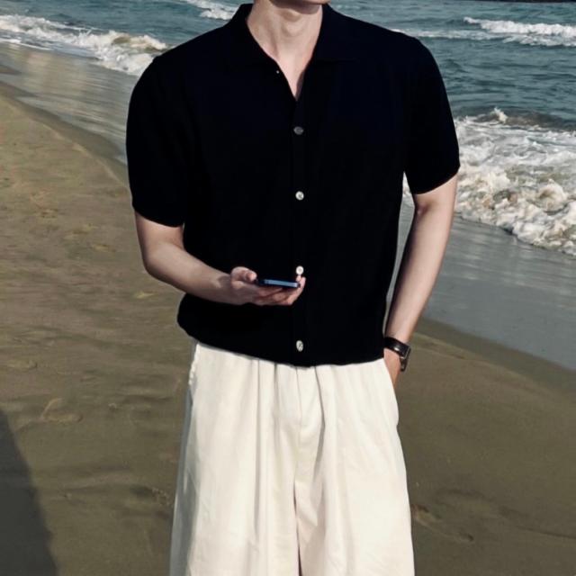 [1+1 할인] 썸머 쿨링 하프 머슬핏 반팔 카라 니트 가디건