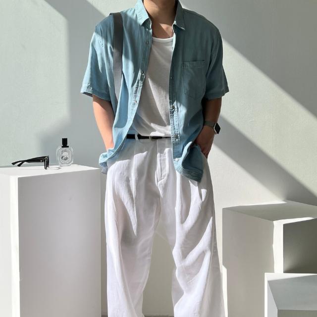 포켓 세미오버핏 청 데님 셔츠 청셔츠 데님셔츠 여름셔츠 남방 반팔데님셔츠 반팔 데님셔츠 데님반팔 셔츠반팔