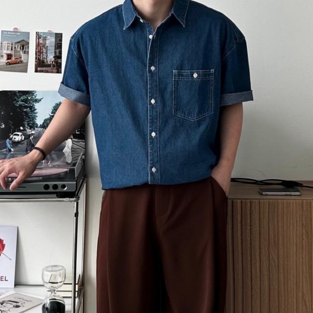 오버핏 데님 반팔셔츠 빅사이즈 포켓 남방 레이어드 하프 2color