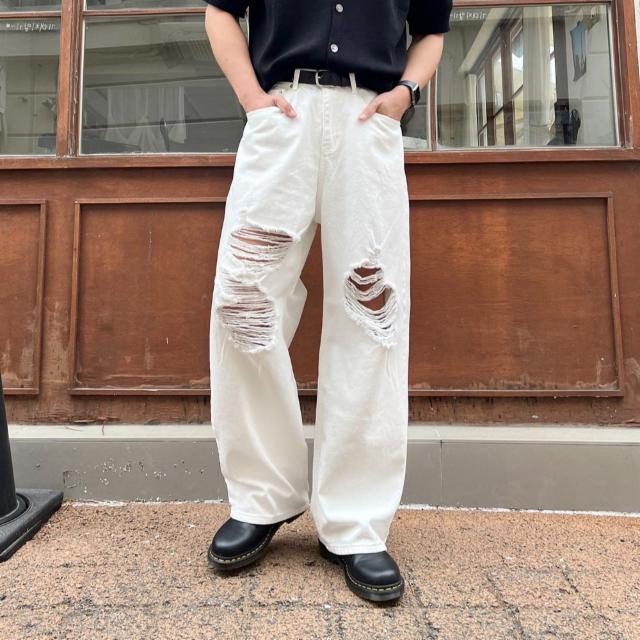 남자 찢청 화이트진 백바지 와이드 청바지