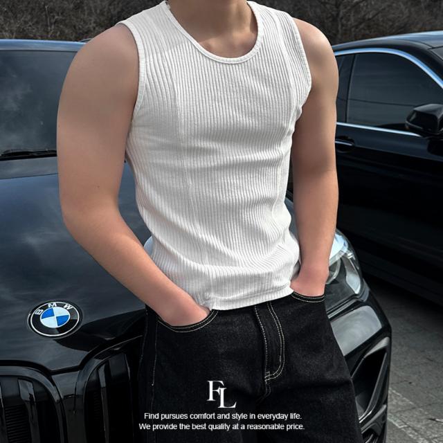 썸머 머슬핏 골지 절개 슬리브리스 여름 나시 민소매 티셔츠