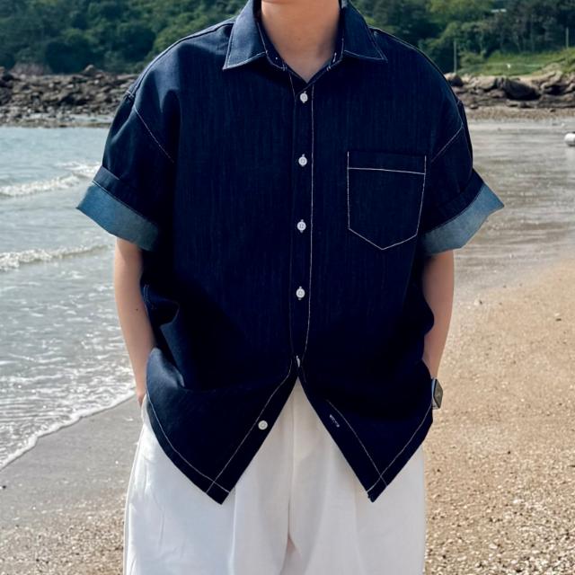 포켓 데님 반팔 셔츠 생지 청남방 빅사이즈 오버핏 카라 흑청 진청