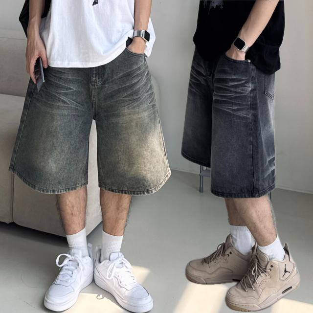 하프데님 버뮤다팬츠 빈티지 샌드워싱 와이드핏 청 반바지 빅사이즈