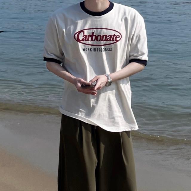 [당일출고] 오버핏 카보 링거 반팔티 프린팅 배색 쿨링 하프 반팔