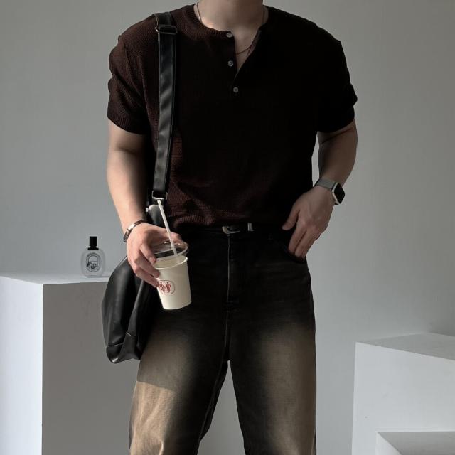 린넨 쿨링 머슬핏 펀칭 헨리넥 얇은 반팔 니트 니트반팔 반팔니트 여름니트 남자 여름반팔