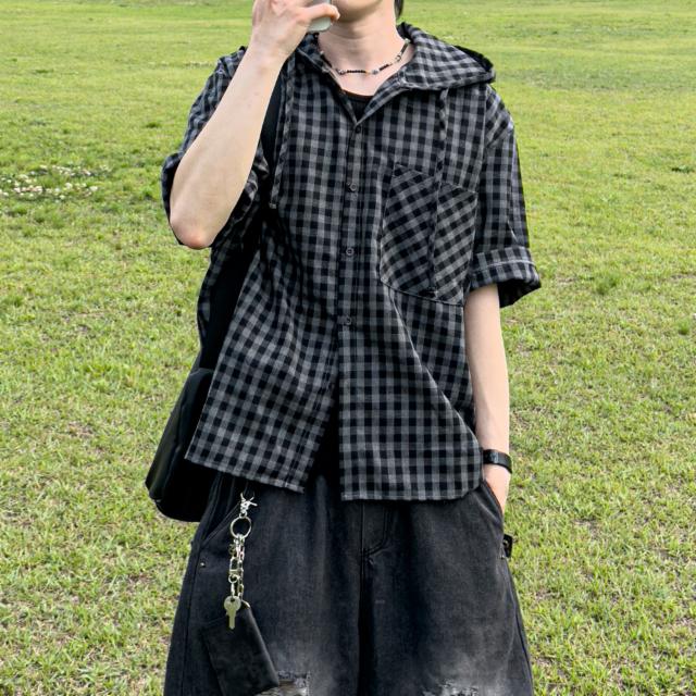 디비 스퀘어 체크 후드 셔츠