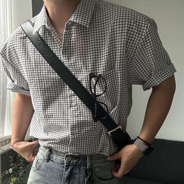 [활용도만점] 핏좋은 쿨핏 시어서커 체크 반팔 셔츠 반팔남방 JO