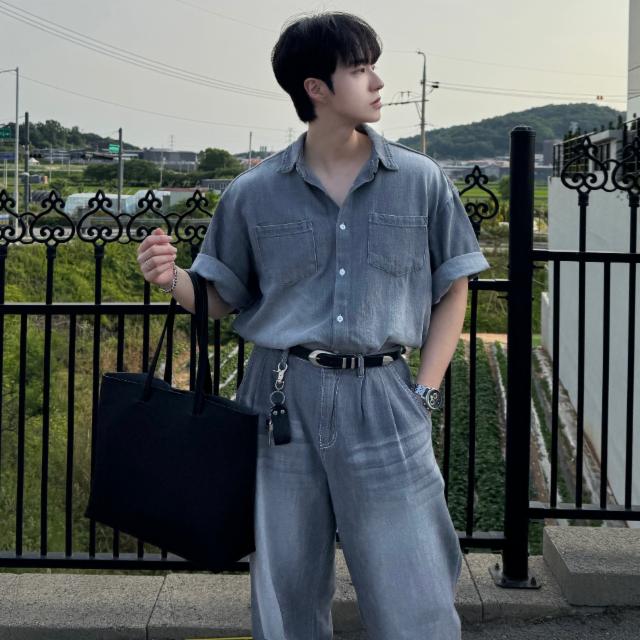 (반팔or긴팔)에덴 셋업 린넨 브러쉬 데님셔츠 반팔셔츠 오버핏 여름셔츠 머슬핏 청남방 청셔츠 남친룩