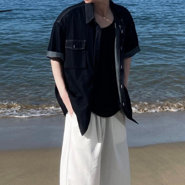 투포켓 데님 반팔 셔츠 오버핏 여름 2color 데님셔츠 흑청 진청 남자