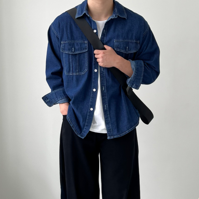 오버핏 워크 데님 셔츠 3color 투포켓 웨스턴 워싱 흑청 진청 긴팔 청남방