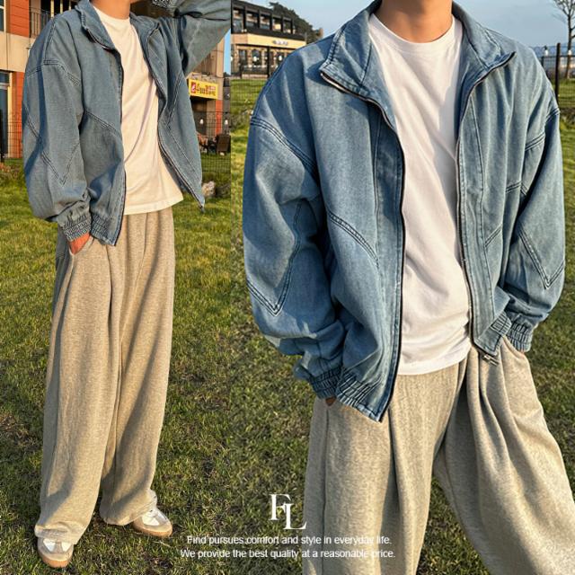 [자체제작/당일발송]데일리 하이넥 벌룬 투웨이 밴딩 집업 오버핏 데님 자켓 집업 블루종 카라 청자켓