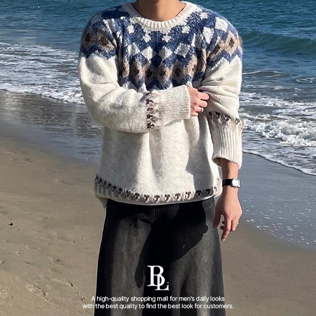[당일배송] 오버핏 라운드 노르딕 니트 두꺼운 2color 두툼 겨울 앙고라 프리미엄 자카드 가을 봄 코위찬 자수