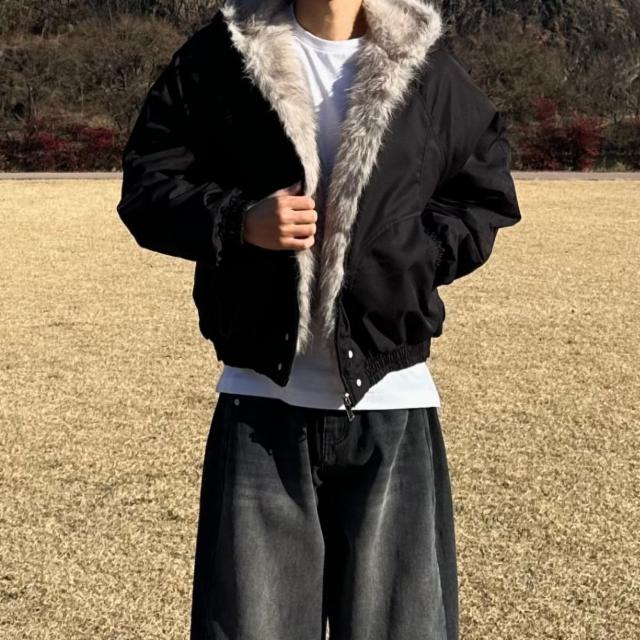 아일랜드 퍼 크롭 후드 패딩 (블랙/그레이)