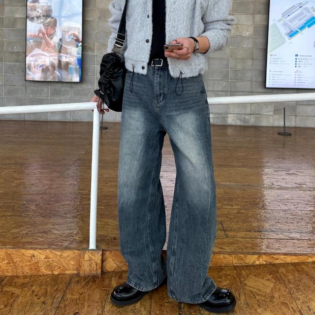 크랙 커브드 와이드 데님팬츠청바지
