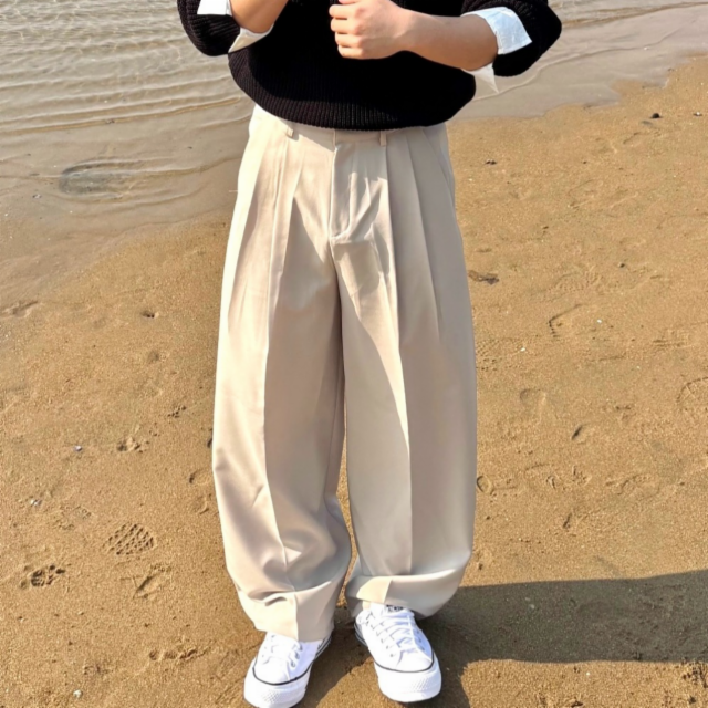 투턱 와이드 스판 밴딩 슬랙스 블랙 베이지 긴바지 핀턱 벌룬핏 봄 여름 가을 데일리 오버핏 (5color)