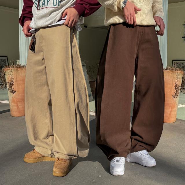 (3기장) S~3XL 사이드턱 피치 밑단 스냅버튼 코튼 팬츠 와이드 커브드 절개 면 바지 빅사이즈 남녀공용 (4color)