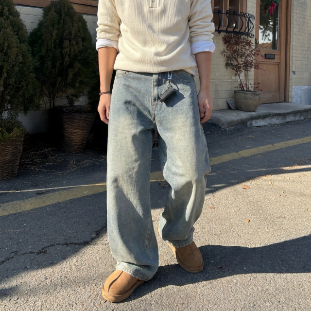 [3단기장/S-3XL] 샌드워싱 세미와이드 뒷밴딩 데님 팬츠 4color
