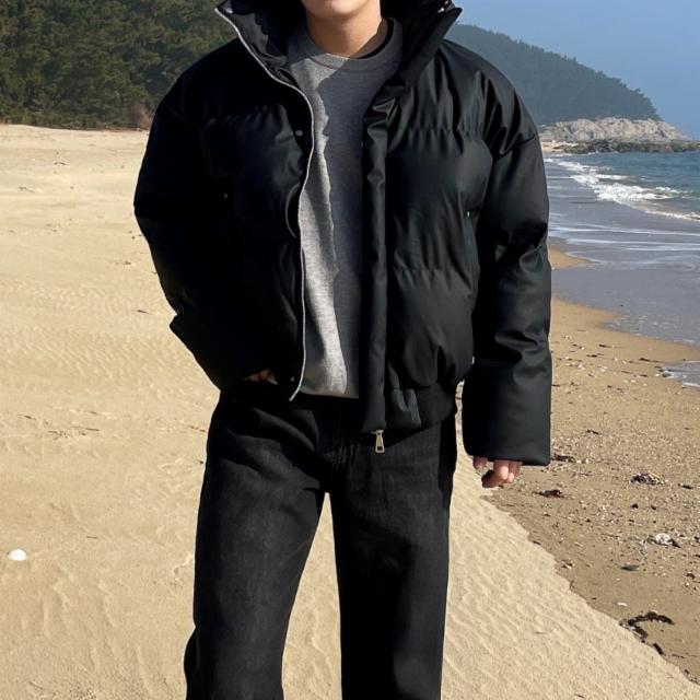 [디테일] 오버핏 크롭 하이넥 무광 레더 패딩 블루종 자켓 가을 겨울 봄 점퍼 블랙 잠바