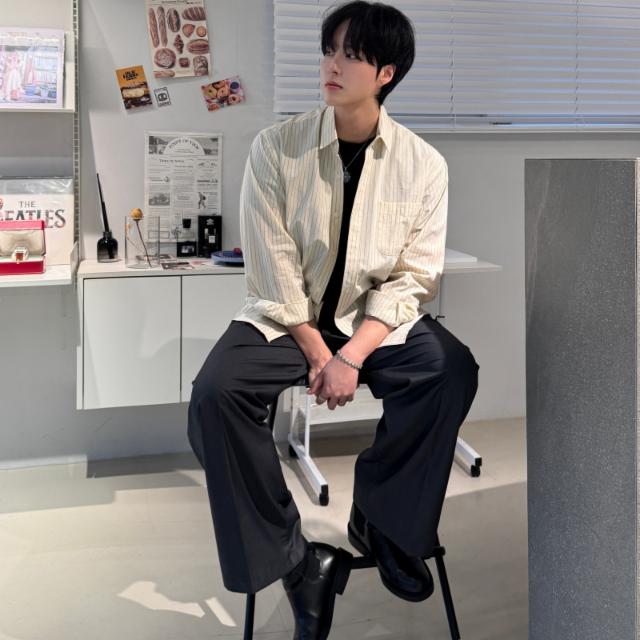 라스 스트라이프 오버핏 코튼셔츠 남방 면셔츠 포켓 남녀공용 소라 브라운 간절기 3컬러